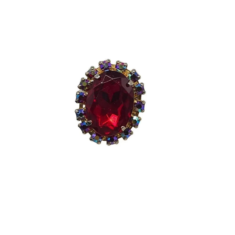Purple Aurora Borealis Rhinestone Red Glass Ring Size 5 Gold Tone Vintage